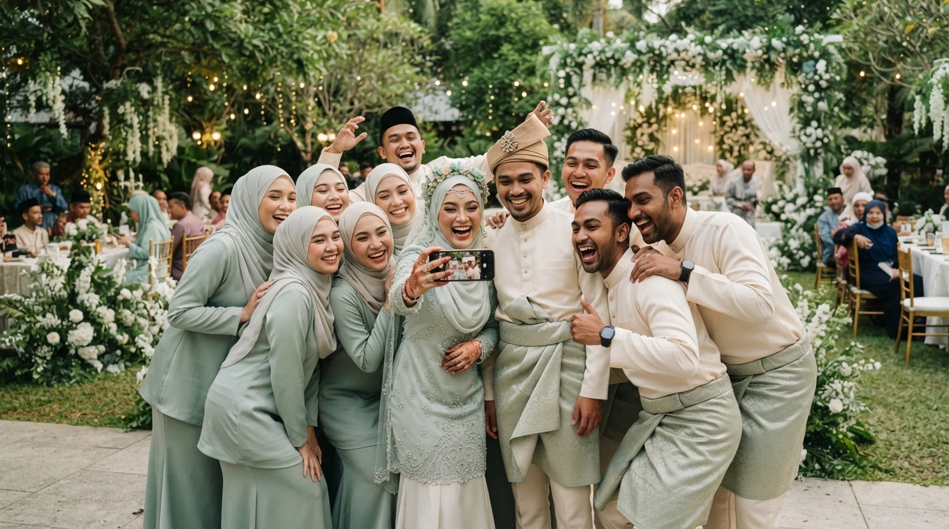 Pengantin dan tetamu majlis mengambil gambar selfie beramai-ramai